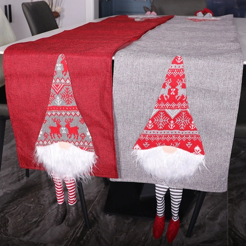 Christmas Table Runner Burlap Linen Gnome Long Legged Decor Faceless Santa Knitted 3D Holiday Party Home Dining Decor
