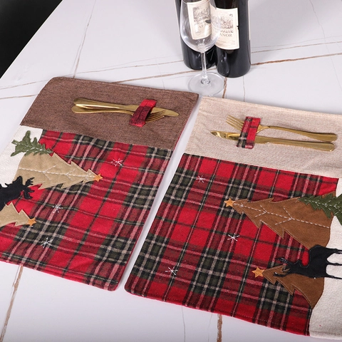 Christmas Placemats Burlap Linen Plaid Reindeer Pattern Cutlery Pocket Table Decoration Festive Party Home Decor