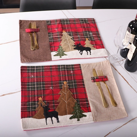 Christmas Placemats Burlap Linen Plaid Reindeer Pattern Cutlery Pocket Table Decoration Festive Party Home Decor