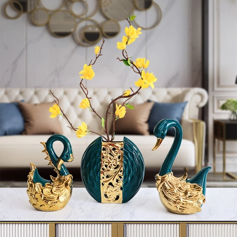 Modern Luxury Ceramic Swan Deer Figurines And Decorative Vase Ornament For Living Room Desktop Decor Gold Electroplated