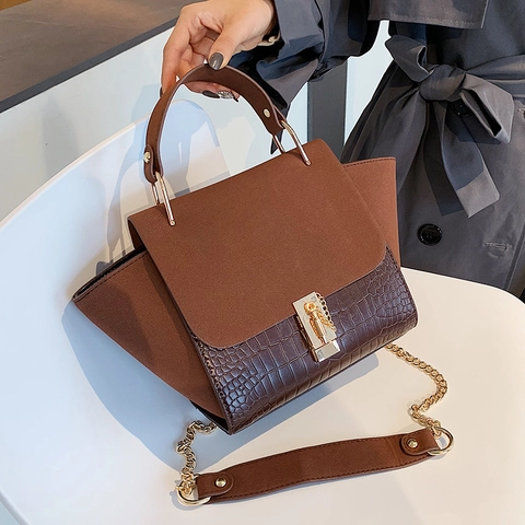 Vintage Damen Flügeltasche Trapez Handtasche Krokodilmuster Matt PU Leder Spleißen Metallschloss Kette Schulter Umhängetasche