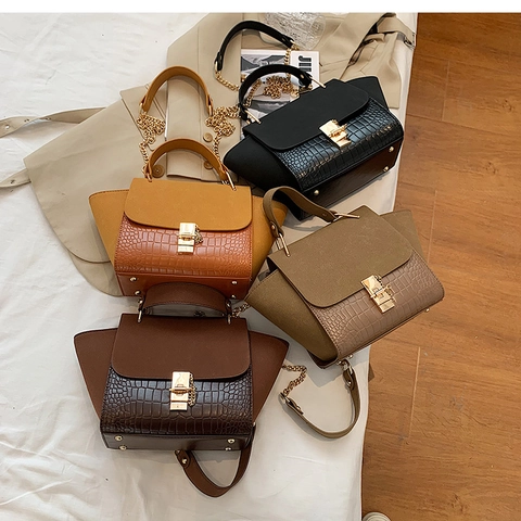 Sac à Main Vintage pour Femme Trapèze Motif Crocodile PU Cuir Épissage Serrure Métallique Chaîne Sac à Bandoulière
