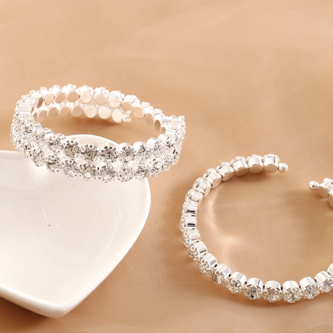 Bracciale Rigido Elastico Con Strass Lega Completamente Decorato Gioielli Da Sposa Moda Per Donna Colore Argento Regolabile
