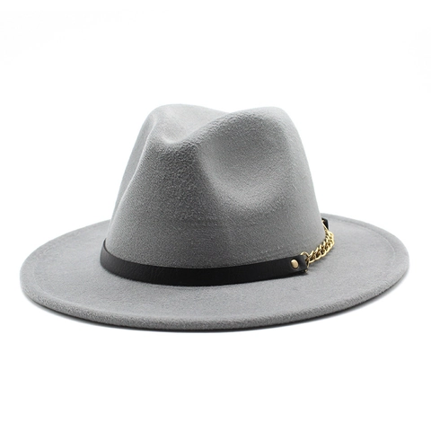 Woolen Fedora Hat British Jazz Style Wide Brim With Leather Band Gold Metal Chain Vintage Fashion For Men Women