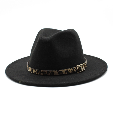 Fedora Hoed Wollen Vilt Brede Rand Luipaardprint Band Gouden Gesp Vintage Jazz Stijl Voor Heren Dames