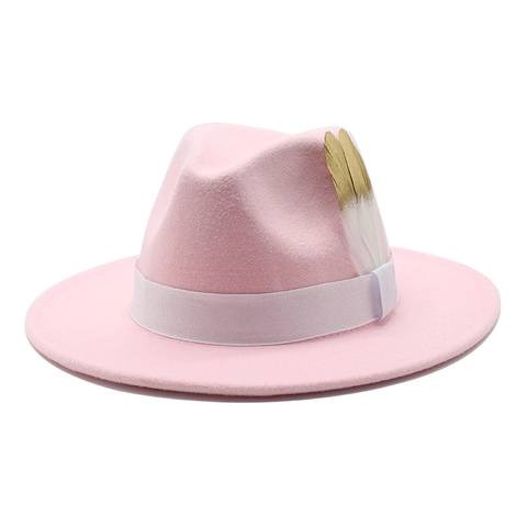 Wool Felt Fedora Hat With Feather Decoration Wide Flat Brim Retro Western Style Jazz Cap For Men Women