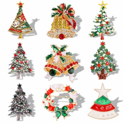 Christmas Brooch Pin Alloy Enamel Rhinestone Tree Wreath Bell Holiday Party Jewelry For Women