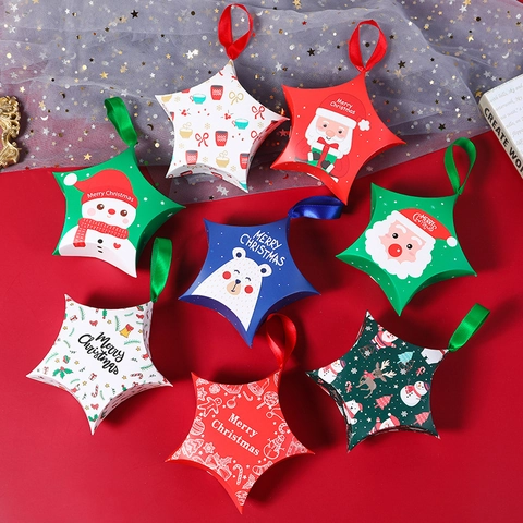 Cajas De Caramelos De Navidad En Forma De Estrella Papel De Regalo Con Asas De Cinta Patrones De Papá Noel Reno