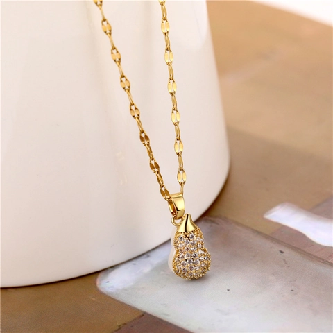 Elegant Gourd Pendant Necklace Titanium Steel With 18K Gold Plated Copper Cubic Zirconia Cat Eye Stone Jewelry For Women