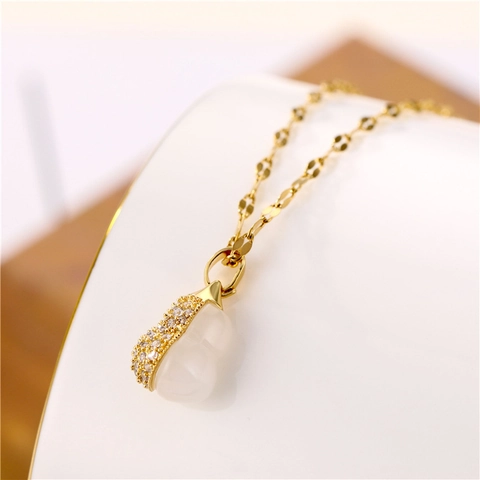 Elegant Gourd Pendant Necklace Titanium Steel With 18K Gold Plated Copper Cubic Zirconia Cat Eye Stone Jewelry For Women