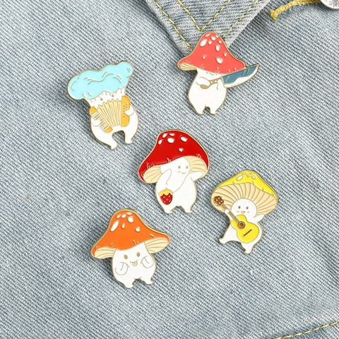 Pines De Esmalte De Hongos De Dibujos Animados Broches De Aleación Insignias De Instrumentos Musicales Para Mochilas Ropa