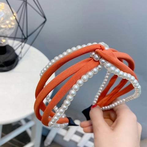 Geknotetes Stirnband Für Damen Mit Künstlichen Künstliche Perlen Und Chiffon Stoff Gedreht Einfarbig Elegant Haarschmuck