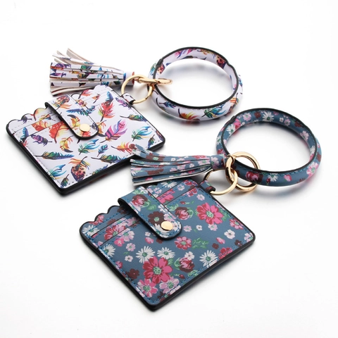 PU Leather Wristlet Keychain Card Holder Bangle Ring Tassel Women Fashion Printed Small Wallet Keyring