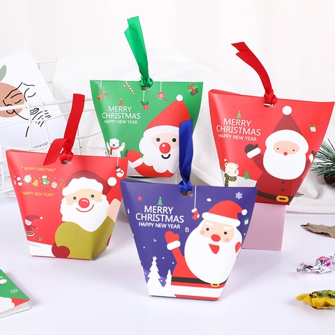 Christmas Gift Boxes Cardboard Candy Bags With Ribbon Handles Santa Claus Pattern For Holiday Party Favors