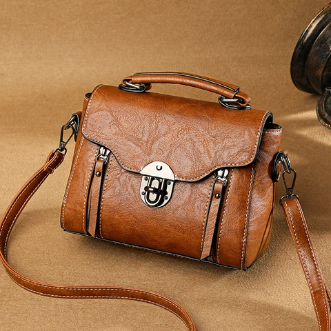 Retro PU Leather Crossbody Bag Women's Small Square Handbag With Metal Lock Decorative Zippers Vintage Style