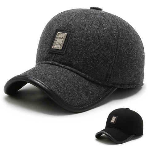 Gorra De Béisbol De Invierno Para Hombre Fieltro De Lana Cálida Gorro Grueso Con Orejeras Borde De Cuero Placa De Metal Retro Ajustable