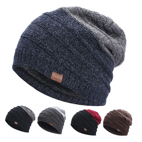 Bonnet En Maille Homme Hiver Chenille Doublé Polaire Chaud Rayé Bloc De Couleur Bonnet Outdoor Avec Patch En Cuir