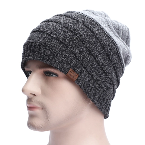 Bonnet En Maille Homme Hiver Chenille Doublé Polaire Chaud Rayé Bloc De Couleur Bonnet Outdoor Avec Patch En Cuir