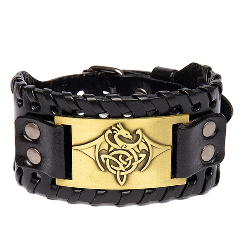 Wide Leather Cuff Bracelet With Braided Edges Alloy Metal Rivets Punk Retro Viking Jewelry For Men