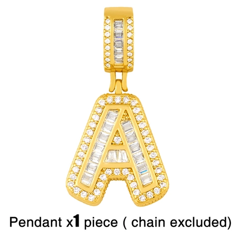 Initial Letter Pendant Paperclip Chain Necklace Iced Out Baguette Zircon 18K Gold Plated Copper Hip Hop DIY Jewelry