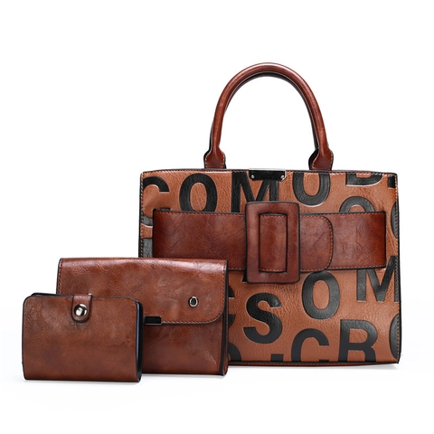 Women Handbag Pouch Wallet PU Leather Large Capacity Letter Print Retro Tote Crossbody Shoulder Bag Buckle Decor