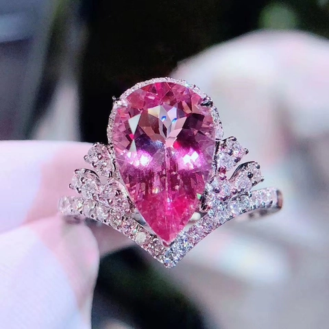 Luxury Crown Water Drop Pink Rhinestone Ring Earrings Set Copper Adjustable Ring Jewelry For Wedding Engagement Women