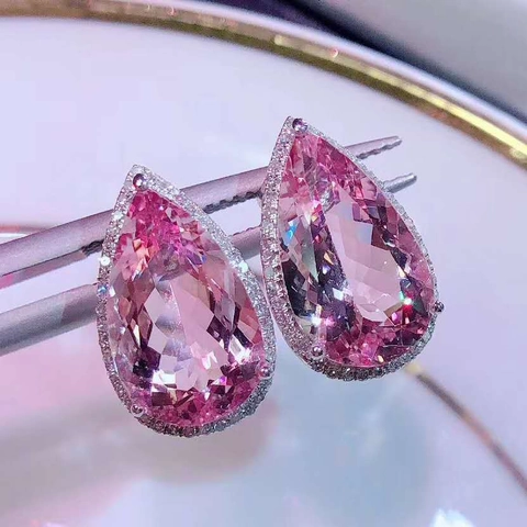 Luxury Crown Water Drop Pink Rhinestone Ring Earrings Set Copper Adjustable Ring Jewelry For Wedding Engagement Women