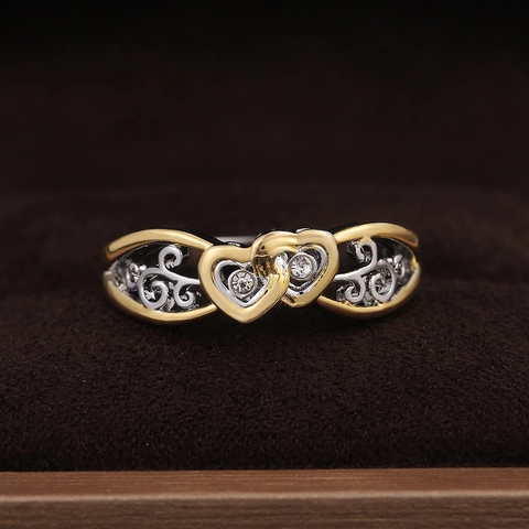 Double Heart Interlocking Ring Copper Zircon Two Tone Gold Silver Filigree Hollow Fashion Jewelry For Women
