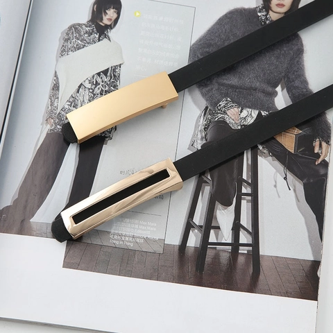 Women Thin Belt Retro Alloy Gold Rectangle Buckle Minimalist Faux Leather Waistband For Jeans Dresses