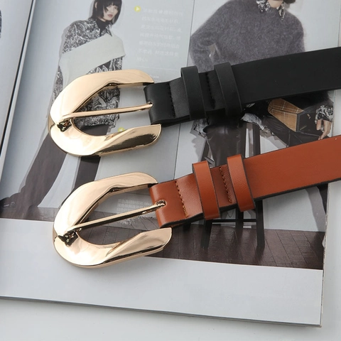 Women's Fashion PU Leather Belt With Gold Metal Pin Buckle Versatile Casual Solid Color Waist Strap Accessory For Jeans