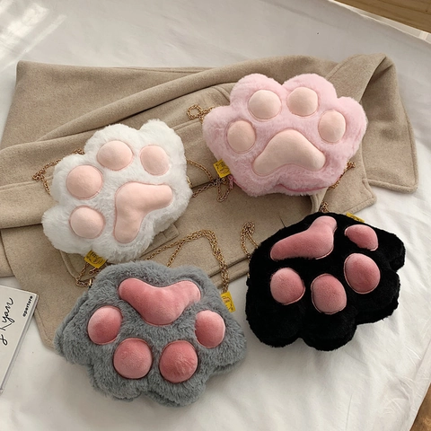 Cat Paw Plush Crossbody Bag 3D Animal Shape Shoulder Handbag With Gold Metal Chain Cute Kawaii Style For Women Girls