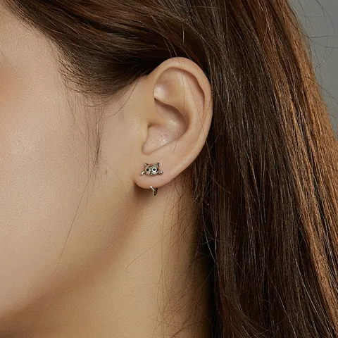 Cute Cat Animal Jewelry For Women 925 Sterling Silver Drop Earring And Adjustable Open Ring With Zircon Plated