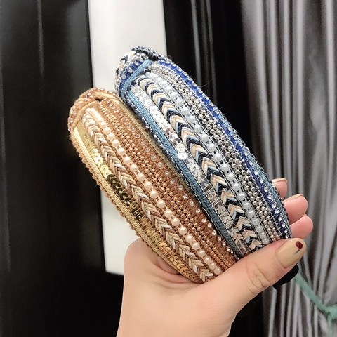 Cerchietto Largo Con Nodo Intrecciato Tessuto Con Künstliche Perle Sintetiche Paillettes Strass Etnico Vintage Natale Donna