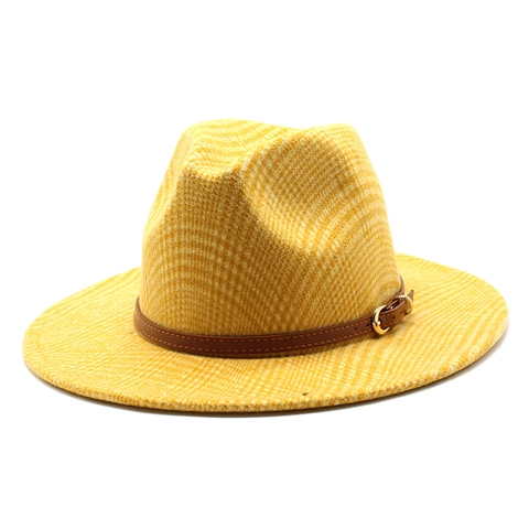 Retro Fedora Hat Wool Blend Houndstooth Plaid British Style With Leather Band Gold Buckle For Men And Women