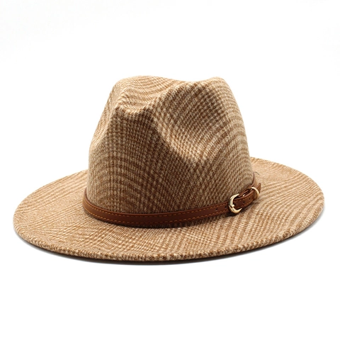 Retro Fedora Hat Wool Blend Houndstooth Plaid British Style With Leather Band Gold Buckle For Men And Women