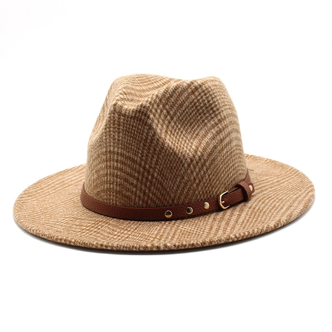 Plaid Fedora Hat Wool Blend Wide Brim British Vintage Style With Rivet Leather Band For Men Women Unisex