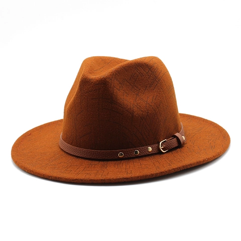 Chapeau Fedora Unisexe en Feutre de Laine Large Bord Jazz Avec Ceinture en Cuir à Rivets Motif Géométrique Style Britannique