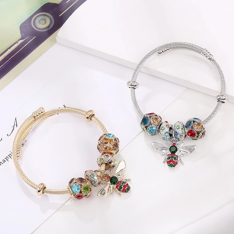 Stainless Steel Bee Pendant Bangle Bracelet With Colorful Rhinestone Beads Adjustable Cable Wire Jewelry For Women
