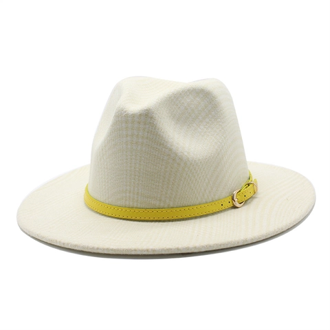 Vintage Fedora Hut Wolle Polyester Mischung Gittermuster Breitkrempiger Jazz Hut Mit Ledergürtelschnalle Für Damen Herren