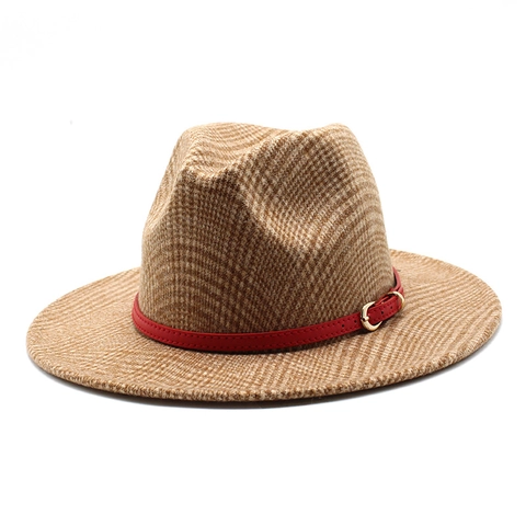 Vintage British Wool Blend Fedora Hat Wide Brim Plaid Pattern Jazz Hat With Leather Belt Buckle For Men Women Retro Style