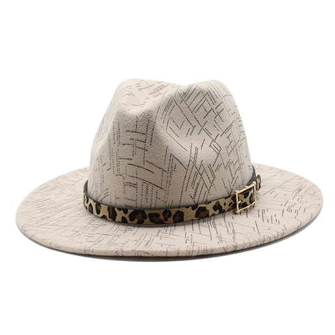 Vintage Wool Felt Fedora Hat Wide Brim Jazz Cap With Leopard Print Belt Gold Buckle Retro British Style For Women