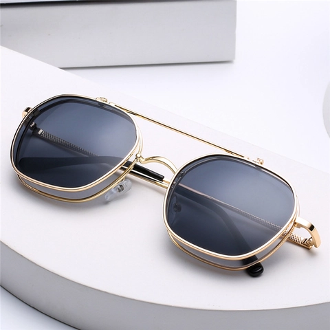 Lunettes De Soleil Flip Up Rétro Steampunk Monture Métallique Double Couche Gothique Punk UV400 Pour Hommes Femmes