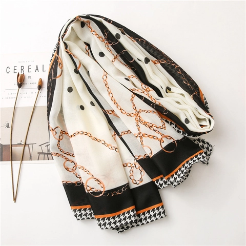 Dames Retro Kettingprint Sjaal Polyester Hahnentritt Stippen Lange Sjaal Wrap Lente Herfst Franse Mode Accessoires
