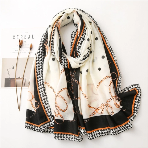 Dames Retro Kettingprint Sjaal Polyester Hahnentritt Stippen Lange Sjaal Wrap Lente Herfst Franse Mode Accessoires