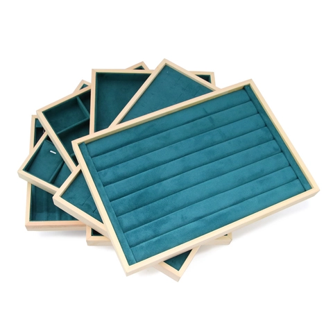 Solid Wood Jewelry Display Tray With Teal Velvet Lining Professional Ring Necklace Earring Organizer For Shop Showcase