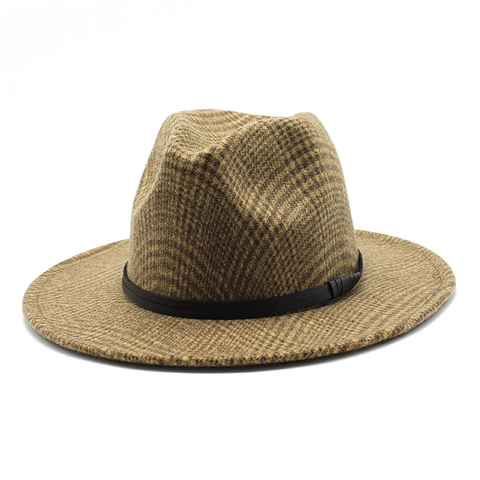 Fedora Hat Wool Blend Wide Brim Plaid Pattern Black Leather Band Retro British Style Unisex Jazz Cap
