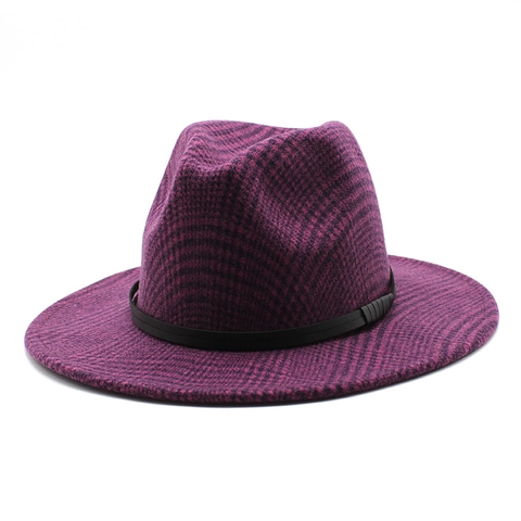 Fedora Hat Wool Blend Wide Brim Plaid Pattern Black Leather Band Retro British Style Unisex Jazz Cap