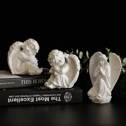 European Angel Statue Figurine Synthetic Resin Praying Sleeping Cherub Sculpture Home Decor Desktop Gift White Gold