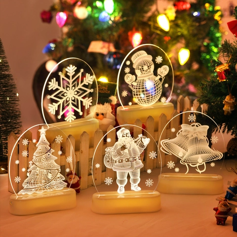 3D Acrylic Christmas Night Light LED Decorative Desk Lamp Warm White Santa Claus Snowman Reindeer USB Battery Powered