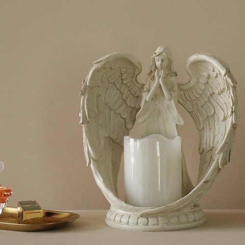 Praying Angel Candle Holder Resin Wing Sculpture Nordic Retro Decorative Tealight Stand For Living Room Table Ornament